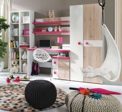 Bibliotecă living Colorato, alb + stejar san remo + roz