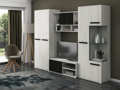 Bibliotecă living Paul, alb murdar + pin negru norvegian