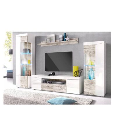 Bibliotecă living Emma, alb + pin antic