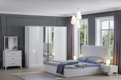 Dormitor Bucuresti alb, Dulap, Pat, 2 noptiere, comoda