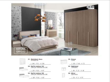 Dormitor Sefura Grigio, Dulap, Pat, 2 noptiere, comoda - imagine 2