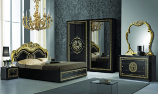 Dormitor Dolores Nero, Dulap 204 cm, Pat 180 x 200 cm, 2 noptiere, comoda