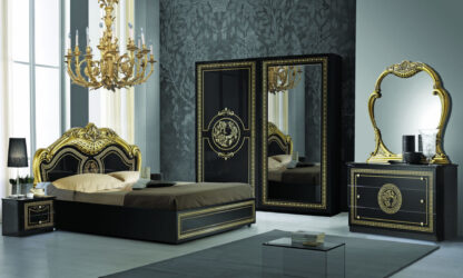 Dormitor Dolores Nero, Dulap 204 cm, Pat 180 x 200 cm, 2 noptiere, comoda