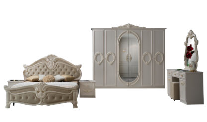 Dormitor Neli, Crem, Pat 160x200 cm, Dulap cu 6 usi, Comoda, 2 Noptiere - imagine 8