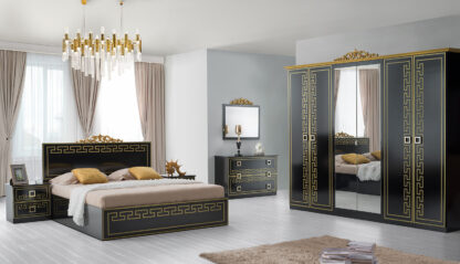Dormitor Olimp Nero, Dulap, Pat 160 x 200, 2 noptiere, comoda
