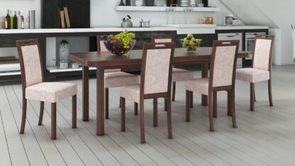Set masa extensibila 160x200 cm cu 6 scaune tapitate, MB-13 Venus5 O si Havana Roma5, nuc, lemn masiv, stofa