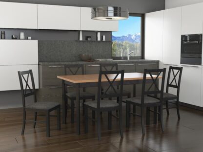 Set masa living Max5P G/N cu 6 scaune Nilo10 V20Z, negru, extensibila 120/150 cm, lemn masiv de fag/stofa/pal