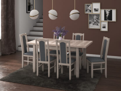 Set masa extensibila 120x150cm cu 6 scaune tapitate, MB-13 Max5 si S-37 Boss7 S11, sonoma, lemn masiv de fag, stofa