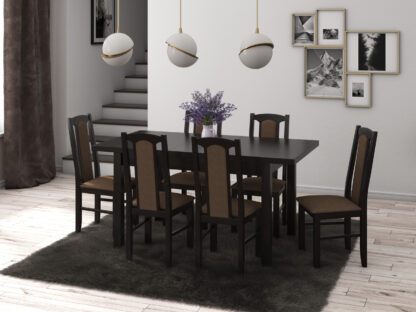 Set masa extensibila 120x150cm cu 6 scaune tapitate, MB-13 Max5 si S-37 Boss7 W15, wenge, lemn masiv, stofa