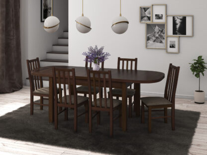 Set masa extensibila 160x200cm cu 6 scaune tapitate, MB-12 Venus1 si S-38 Boss10 O2, nuc, lemn masiv de fag, stofa