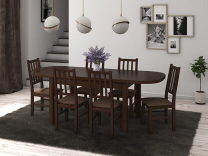 Set masa extensibila 160x200cm cu 6 scaune tapitate, MB-12 Venus1 si S-38 Boss4 O15, nuc, lemn masiv de fag, stofa