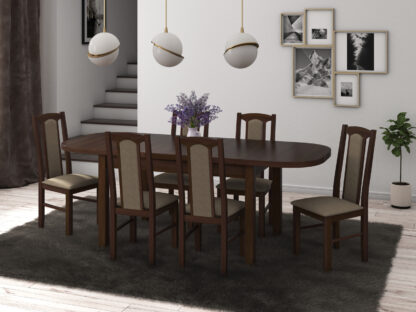Set masa extensibila 160x200cm cu 6 scaune tapitate, MB-12 Venus1 si S-37 Boss7 30B, Nuc, Lemn masiv de fag, Stofa