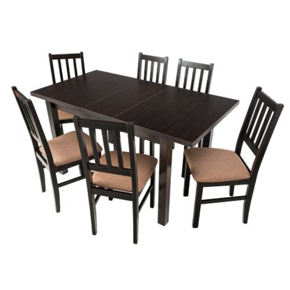 Set masa extensibila 120x150cm cu 6 scaune tapitate, MB-13 Max5 si S-38 Boss4 W15, wenge, lemn masiv, stofa