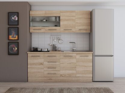 Bucatarie Alfa cu vitrina, 180x210x60 cm, sonoma