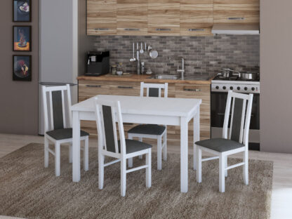 Set masa extensibila 120x150cm cu 4 scaune tapitate, MB-13 Max5 si S-38 Boss14 B24Z, alb, lemn masiv de fag, stofa