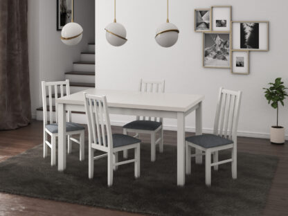 Set masa extensibila 120x150cm cu 4 scaune tapitate, MB-13 Max5 si S-38 Boss10 B11, alb, lemn masiv de fag, stofa