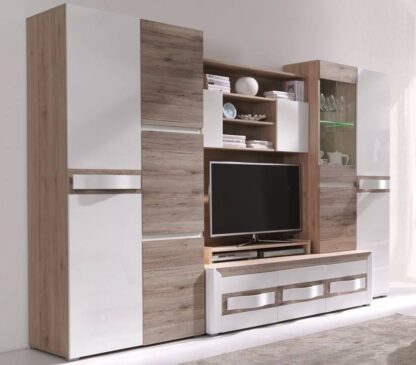 Bibliotecă living Pasionata, alb + maro, 300X60X198 cm