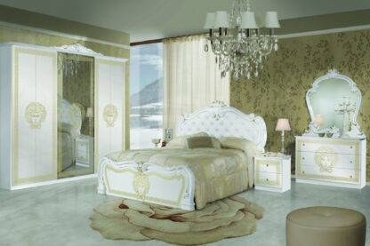 Dormitor Vilma Alb-Auriu, Dulap 261 cm, Pat 160x200 cm, 2 noptiere, comoda