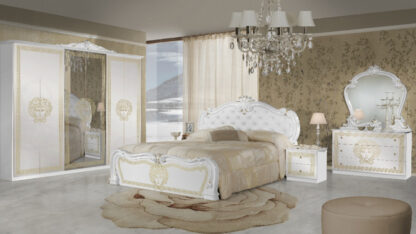 Dormitor Vilma Alb-Auriu, Dulap 261 cm, Pat 160x200 cm, 2 noptiere, comoda - imagine 2