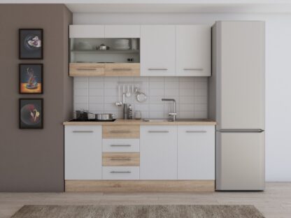 Bucatarie Alfa cu vitrina, 180x210x60 cm, alb/sonoma