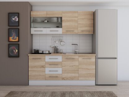 Bucatarie Alfa cu vitrina, 180x210x60 cm, sonoma/alb