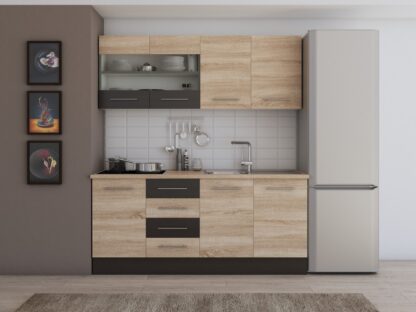 Bucatarie Alfa cu vitrina, 180x210x60 cm, sonoma/wenge
