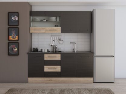 Bucatarie Alfa cu vitrina, 180x210x60 cm, wenge/sonoma