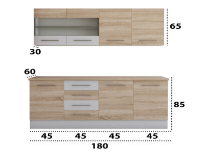 Bucatarie Alfa cu vitrina, 180x210x60 cm, sonoma/alb - imagine 3