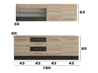 Bucatarie Alfa cu vitrina, 180x210x60 cm, sonoma/wenge - imagine 3