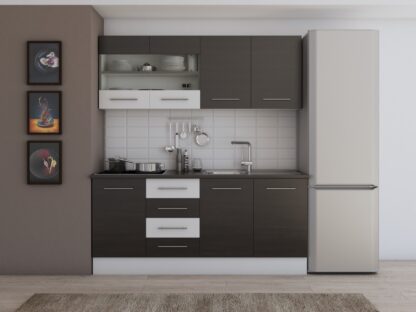 Bucatarie Alfa cu vitrina, 180x210x60 cm, wenge/alb