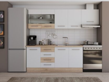 Bucatarie Alfa cu vitrina, 240x210x60 cm, alb/sonoma