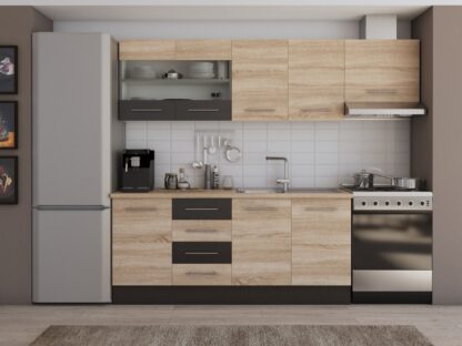 Bucatarie Alfa cu vitrina, 240x210x60 cm, sonoma/wenge