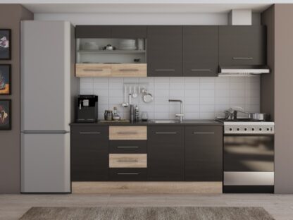 Bucatarie Alfa cu vitrina, 240x210x60 cm, wenge/sonoma