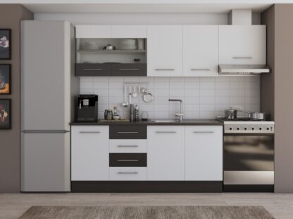 Bucatarie Alfa cu vitrina, 240x210x60 cm, alb/wenge