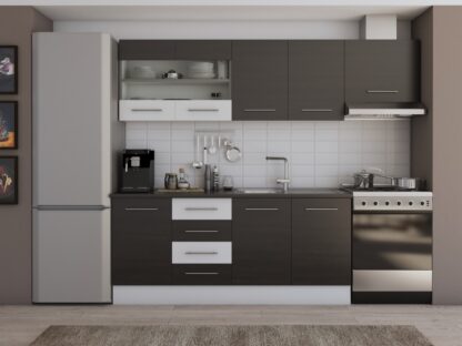 Bucatarie Alfa cu vitrina, 240x210x60 cm, wenge/alb