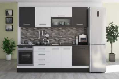 Bucatarie Alfa cu vitrina, 260x210x60 cm, alb/wenge