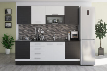 Bucatarie Alfa cu vitrina, 260x210x60 cm, alb/wenge - imagine 2