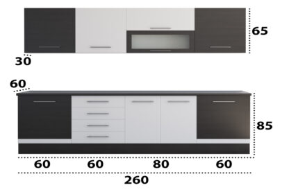 Bucatarie Alfa cu vitrina, 260x210x60 cm, alb/wenge - imagine 3