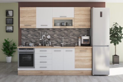 Bucatarie Alfa cu vitrina, 260x210x60 cm, alb/sonoma