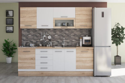 Bucatarie Alfa cu vitrina, 260x210x60 cm, alb/sonoma - imagine 2