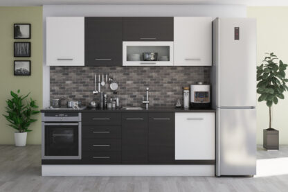 Bucatarie Alfa cu vitrina, 260x210x60 cm, wenge/alb
