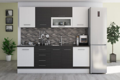 Bucatarie Alfa cu vitrina, 260x210x60 cm, wenge/alb - imagine 2