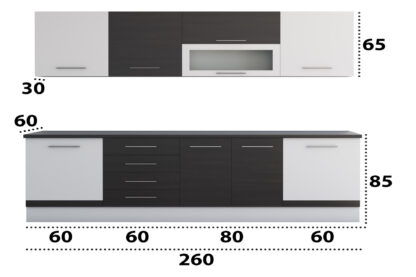 Bucatarie Alfa cu vitrina, 260x210x60 cm, wenge/alb - imagine 3