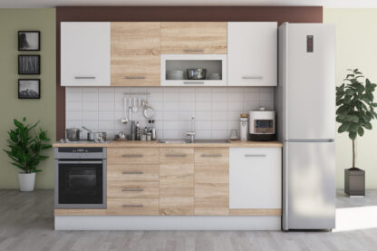 Bucatarie Alfa cu vitrina, 260x210x60 cm, sonoma/alb