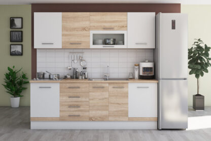 Bucatarie Alfa cu vitrina, 260x210x60 cm, sonoma/alb - imagine 2