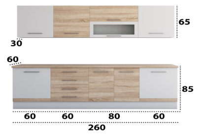 Bucatarie Alfa cu vitrina, 260x210x60 cm, sonoma/alb - imagine 3