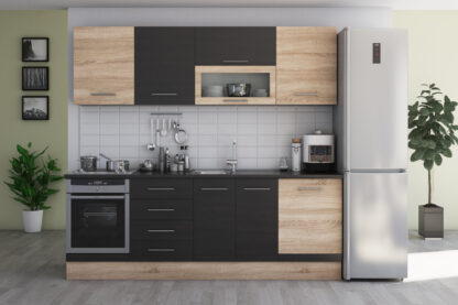 Bucatarie Alfa cu vitrina, 260x210x60 cm, wenge/sonoma