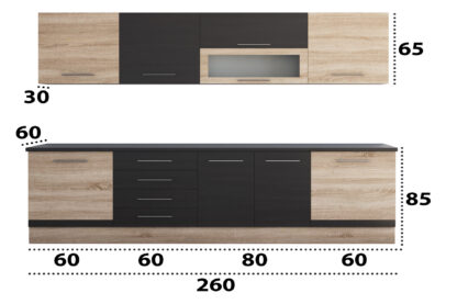 Bucatarie Alfa cu vitrina, 260x210x60 cm, wenge/sonoma - imagine 3