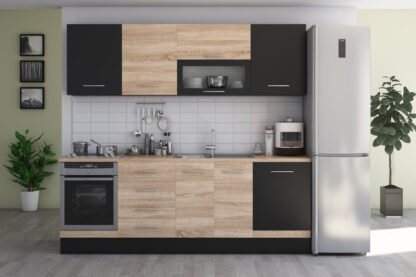 Bucatarie Alfa cu vitrina, 260x210x60 cm, sonoma/wenge