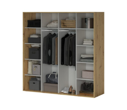 Set Mobila Dormitor Bali, culoare Sonoma / Negru, Dulap 200 cm, Pat 160x200 cm, 2 noptiere, comoda - imagine 6